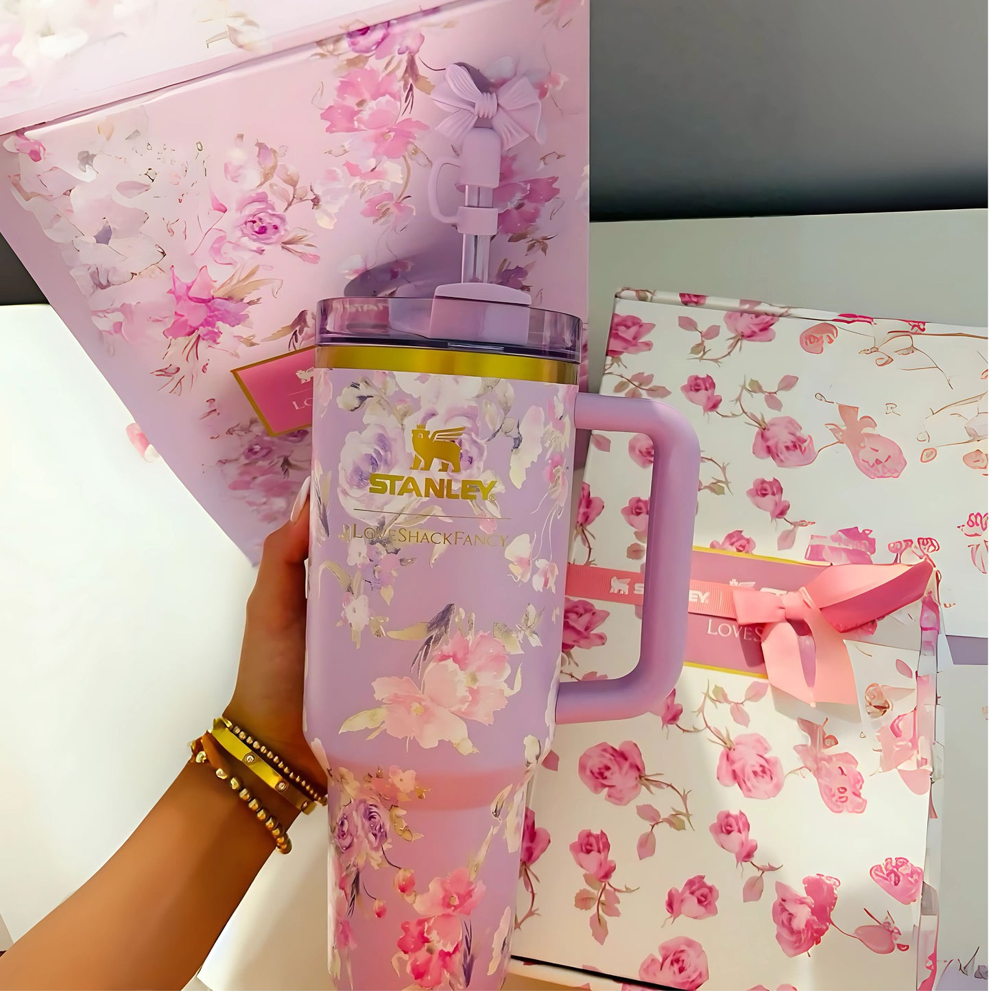 Stanley Tumbler – Powder Blue Garden (40oz - Limited Edition - Premium Inspired - Gift Box)